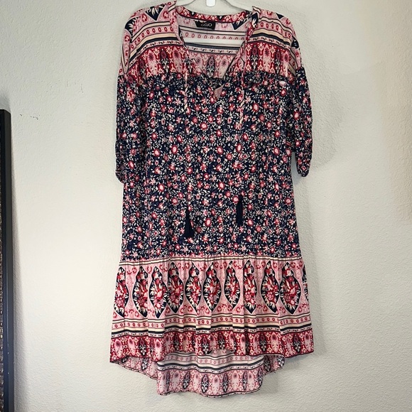 Pink and Red Boho Sundress with 3/4 Sleeves - Picture 1 of 6